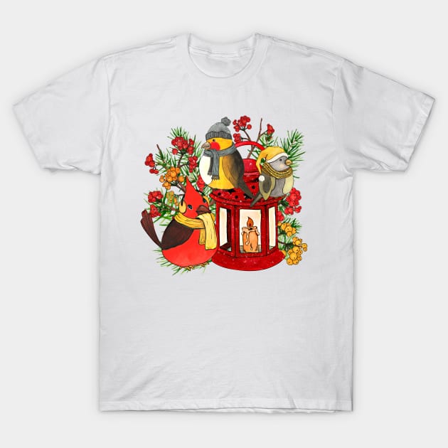 Chickadee and Cardinal Birds T-Shirt by Designs by Ira